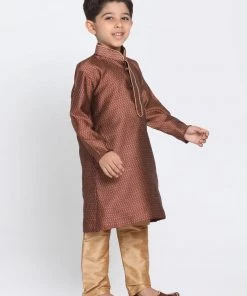 Vastramay Silk Blend Maroon And Rose Gold Baap Beta Kurta Pyjama Set