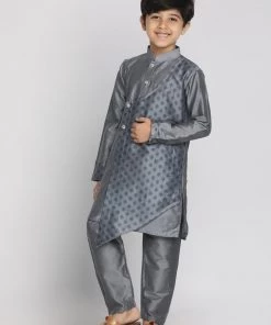JBN Creation VASTRAMAY Boys Grey Layered Asymmetric Kurta With Pyjamas