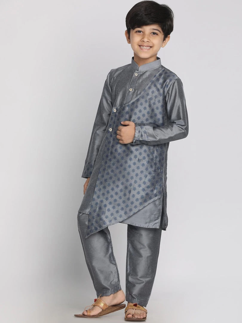 JBN Creation VASTRAMAY Boys Grey Layered Asymmetric Kurta With Pyjamas 3 JBN Creation VASTRAMAY Boys Grey Layered Asymmetric Kurta With Pyjamas