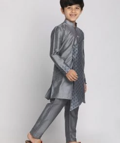 JBN Creation VASTRAMAY Boys Grey Layered Asymmetric Kurta With Pyjamas 12 JBN Creation VASTRAMAY Boys Grey Layered Asymmetric Kurta With Pyjamas