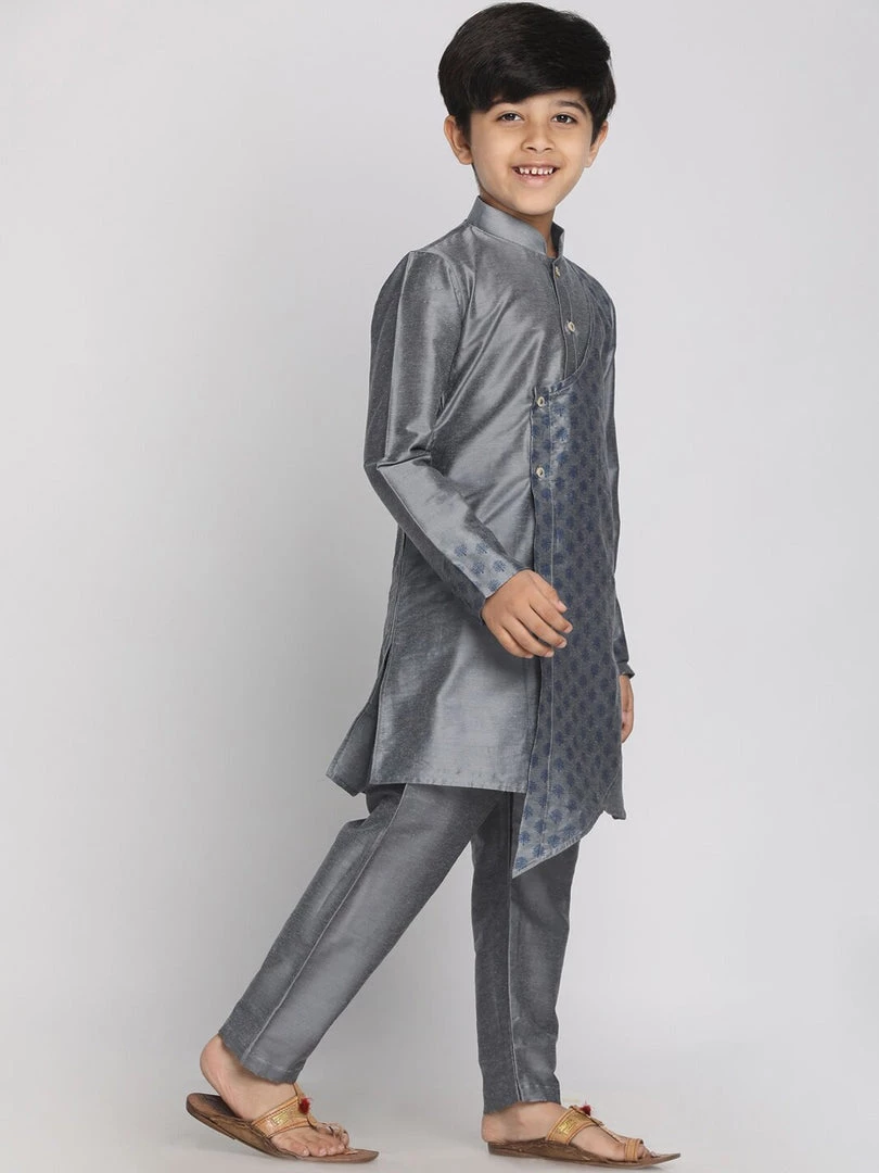 JBN Creation VASTRAMAY Boys Grey Layered Asymmetric Kurta With Pyjamas 7 JBN Creation VASTRAMAY Boys Grey Layered Asymmetric Kurta With Pyjamas