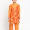 VASTRAMAY Boys Orange Ethnic Motifs Angrakha Kurta With Pyjamas