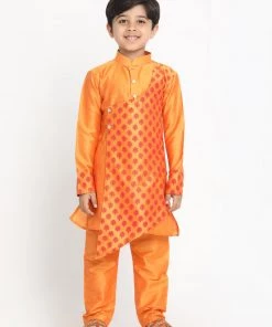 VASTRAMAY Boys Orange Ethnic Motifs Angrakha Kurta With Pyjamas