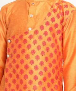 VASTRAMAY Boys Orange Ethnic Motifs Angrakha Kurta With Pyjamas