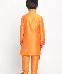 VASTRAMAY Boys Orange Ethnic Motifs Angrakha Kurta With Pyjamas