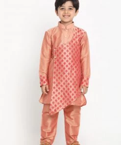 Vastramay Boys Pink Printed Angrakha Kurta With Pyjamas