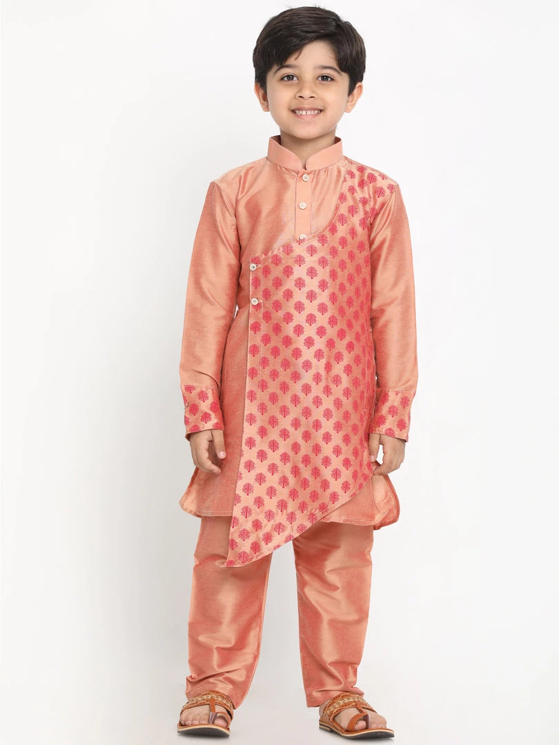 Vastramay Boys Pink Printed Angrakha Kurta With Pyjamas 3 Vastramay Boys Pink Printed Angrakha Kurta With Pyjamas