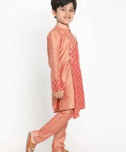 Vastramay Baap Beta Pink Silk Blend Printed Angrakha Design Kurta Pyjama Set