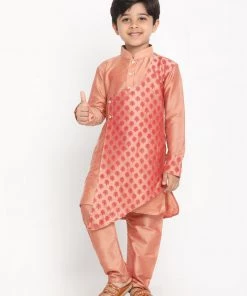 Vastramay Baap Beta Pink Silk Blend Printed Angrakha Design Kurta Pyjama Set
