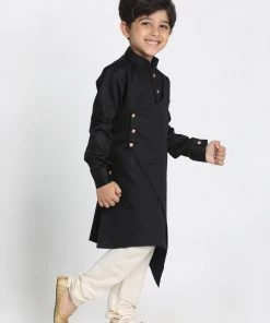Vastramay Cotton Satin Blend Black And Cream Baap Beta Kurta Pyjama Set