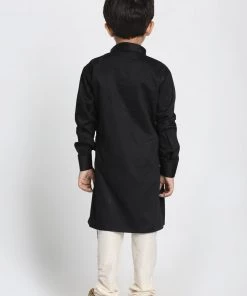 Vastramay Cotton Satin Blend Black And Cream Baap Beta Kurta Pyjama Set