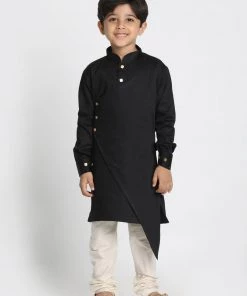 Vastramay Cotton Satin Blend Black And Cream Baap Beta Kurta Pyjama Set