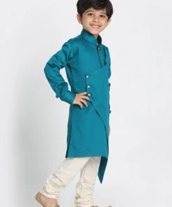 JBN Creation Boys' Green Cotton Silk Blend Kurta And Pyjama Set