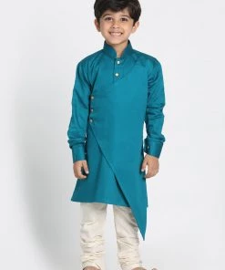 Vastramay Cotton Satin Blend Turquoise And Cream Baap Beta Kurta Pyjama Set