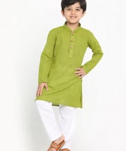 Vastramay Boy's Green & White Woven Design Kurta With Pyjamas