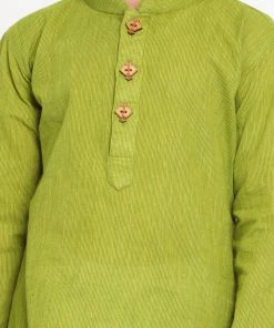 Vastramay Boy's Green & White Woven Design Kurta With Pyjamas