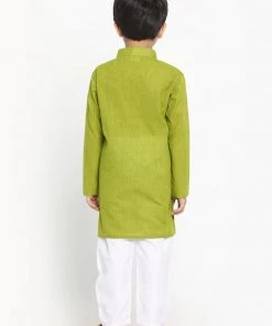 Vastramay Boy's Green & White Woven Design Kurta With Pyjamas