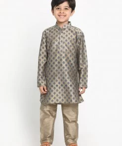 Vastramay Boy's Taupe & Green Woven Design Kurta With Pajama