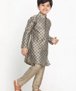 Vastramay Boy's Taupe & Green Woven Design Kurta With Pajama
