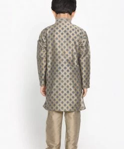 Vastramay Boy's Taupe & Green Woven Design Kurta With Pajama