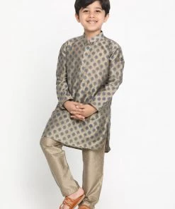 Vastramay Boy's Taupe & Green Woven Design Kurta With Pajama
