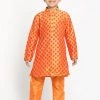 Vastramay Boy's Orange& Pink Woven Design Kurta With Churidar