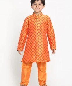 Vastramay Boy's Orange& Pink Woven Design Kurta With Churidar