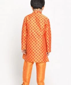 Vastramay Boy's Orange& Pink Woven Design Kurta With Churidar