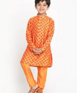 Vastramay Boy's Orange& Pink Woven Design Kurta With Churidar