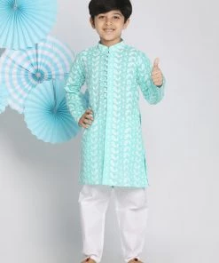 Boys Vastramay Boy's Green And White Kurta Pyjama Set