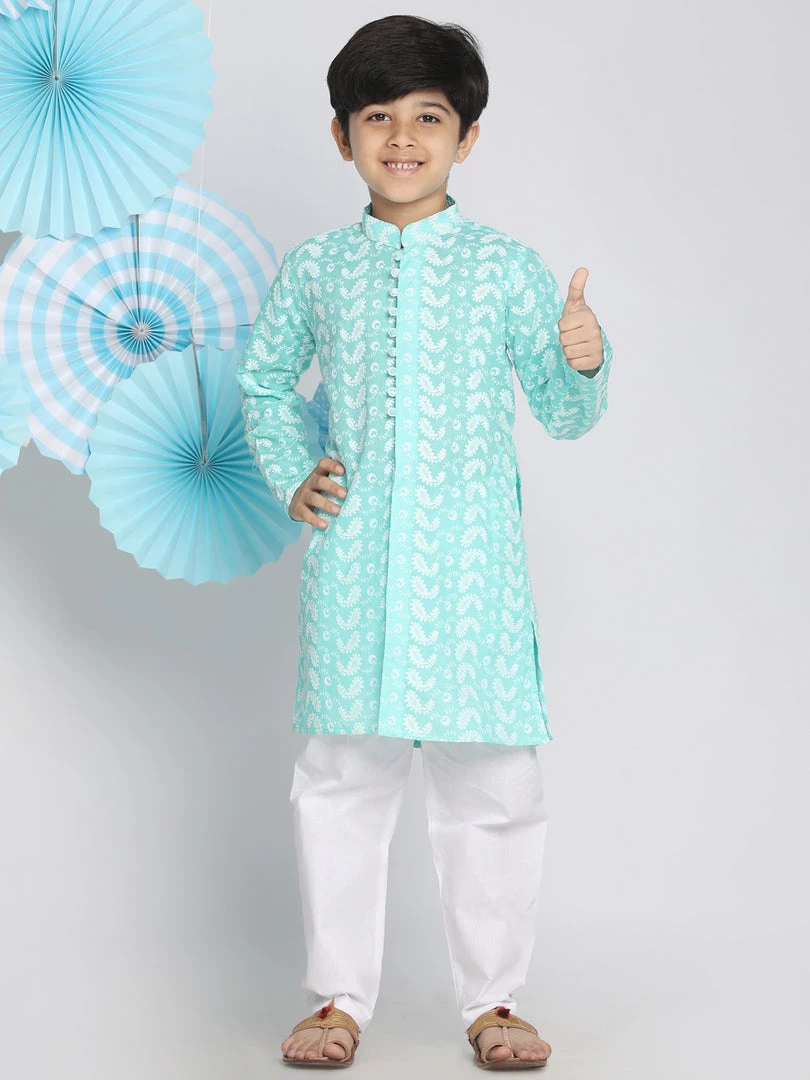 Boys Vastramay Boy's Green And White Kurta Pyjama Set 3 Boys Vastramay Boy's Green And White Kurta Pyjama Set