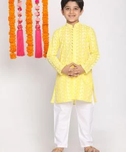 Vastramay Boys Mustard And White Kurta Pyjama Set