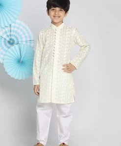 Vastramay Boys Yellow And White Kurta Pyjama Set