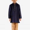 Boys Vastramay Boy's Navy Blue & Gold-Toned Solid Kurta With Pyjamas