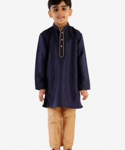 Boys Vastramay Boy's Navy Blue & Gold-Toned Solid Kurta With Pyjamas