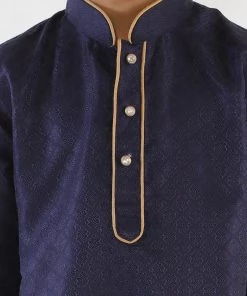 Boys Vastramay Boy's Navy Blue & Gold-Toned Solid Kurta With Pyjamas