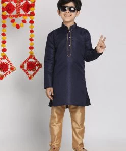 JBN Creation Blue And Rose Gold Jacquard Kurta Pyjama Set Boys