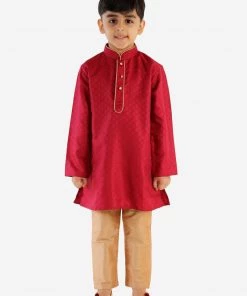 Boys Vastramay Boy's Pink & Gold-Toned Solid Kurta With Pyjamas