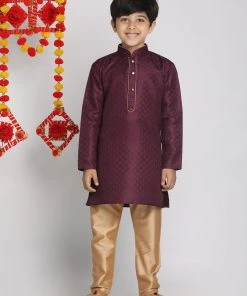 JBN Creation Purple And Rose Gold Jacquard Kurta Pyjama Set Boys