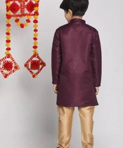 VASTRAMAY Boys Purple & Gold-Toned Regular Straight Jacquard Kurta With Pyjamas