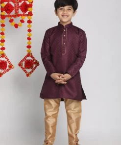 JBN Creation Purple And Rose Gold Jacquard Kurta Pyjama Set Boys