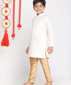 JBN Creation Boys White And Rose Gold Jacquard Kurta Pyjama Set