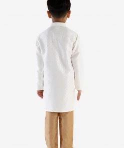 Boys Vastramay Boy's White & Gold-Toned Solid Kurta With Pyjamas