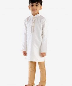 Boys Vastramay Boy's White & Gold-Toned Solid Kurta With Pyjamas