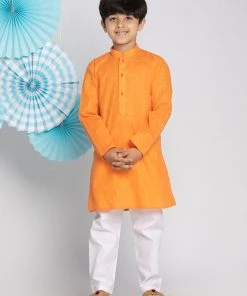 VASTRAMAY Boys Orange And White Kurta Pyjama Set 14 VASTRAMAY Boys Orange And White Kurta Pyjama Set