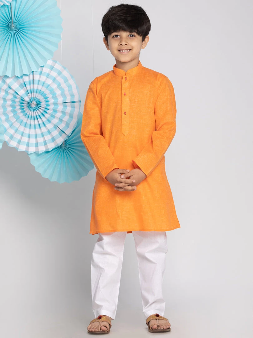 VASTRAMAY Boys Orange And White Kurta Pyjama Set 8 VASTRAMAY Boys Orange And White Kurta Pyjama Set