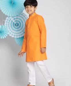 VASTRAMAY Boys Orange And White Kurta Pyjama Set