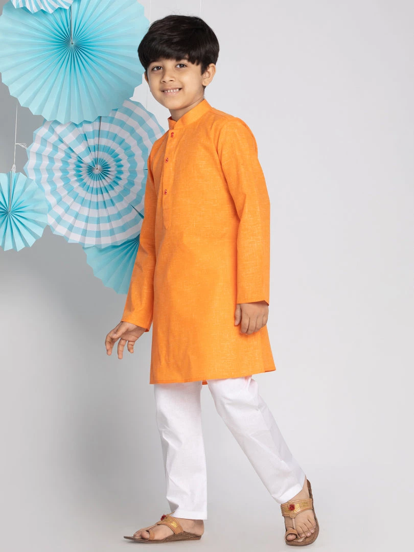 VASTRAMAY Boys Orange And White Kurta Pyjama Set 4 VASTRAMAY Boys Orange And White Kurta Pyjama Set