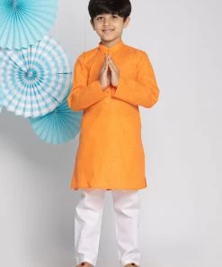 VASTRAMAY Boys Orange And White Kurta Pyjama Set
