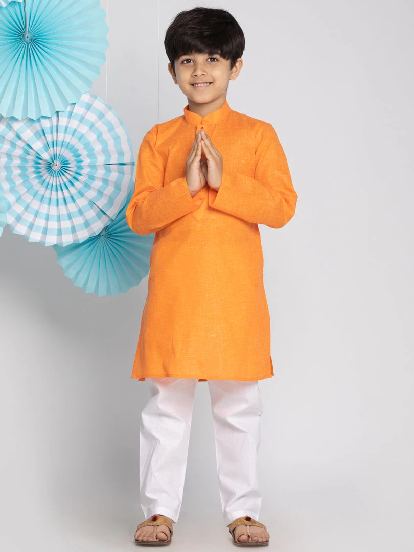 VASTRAMAY Boys Orange And White Kurta Pyjama Set 3 VASTRAMAY Boys Orange And White Kurta Pyjama Set